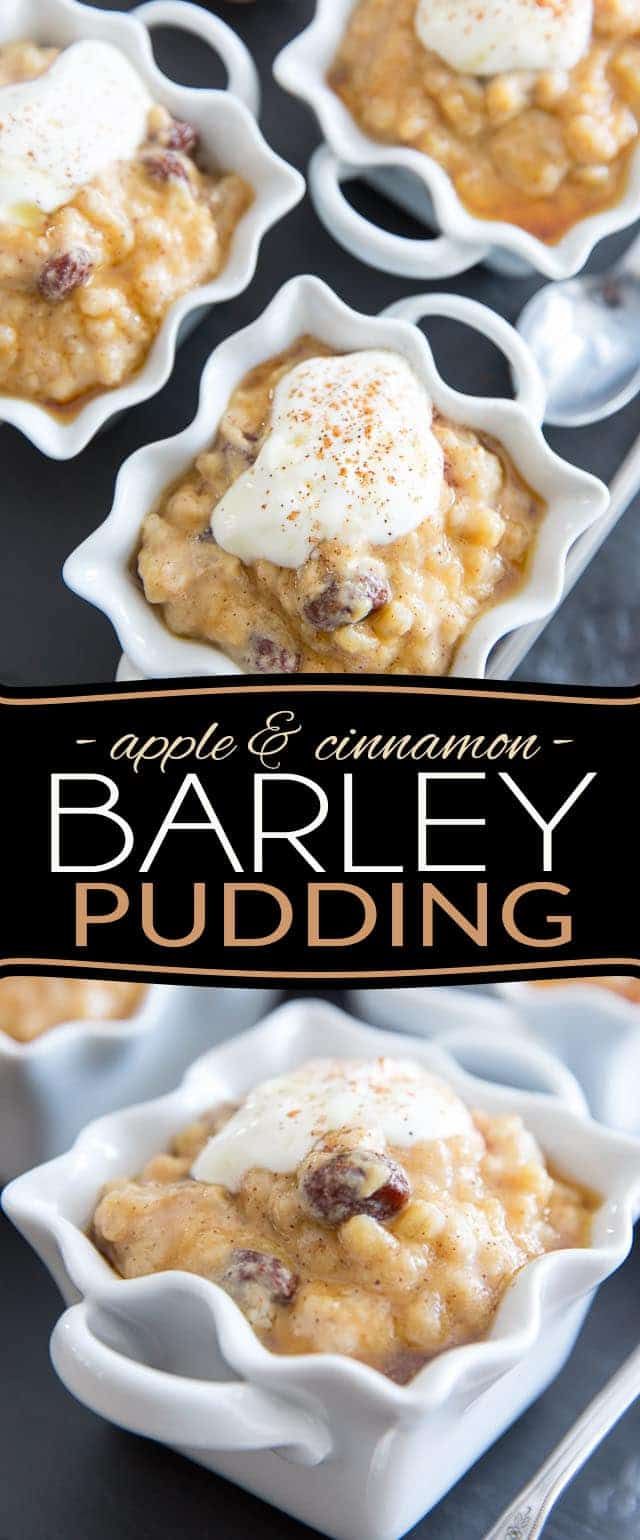 apple and cinnamon barley pudding in small white dishes on a black surface with text overlay