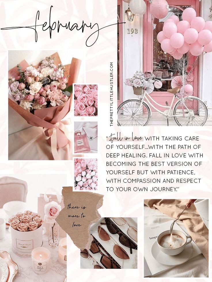 a collage with pink flowers, balloons and other things to say in the background