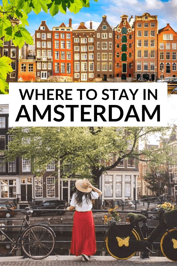 a woman standing in front of some buildings with the words where to stay in amsterdam