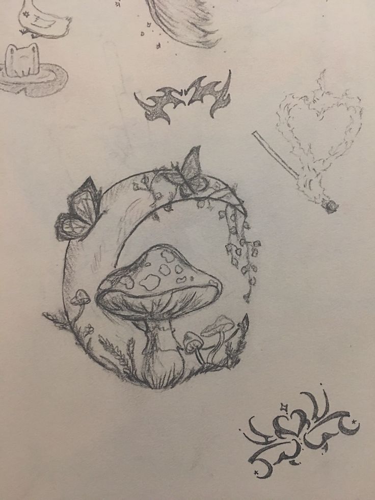 a drawing of mushrooms and other things in the air