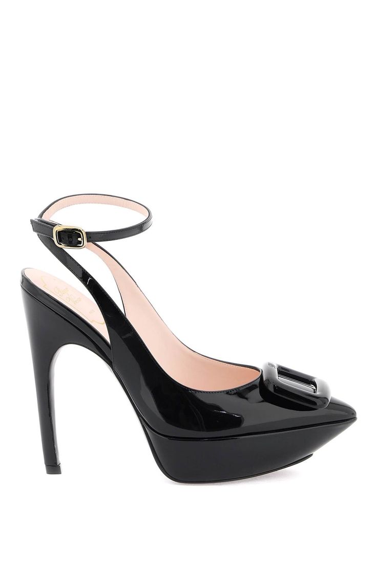 B999 ROGER VIVIER CHOC BUCKLE SLING BACK PUMPS Black Patent Leather Pumps, Roger Vivier, Leather Cap, Boot Pumps, Patent Leather Pumps, Slingback Pump, Sneaker Heels, Black Patent Leather, Black Pumps