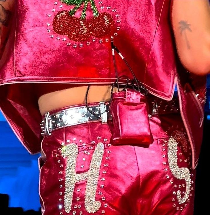 the back of a woman's pink outfit with an apple on it and silver belt