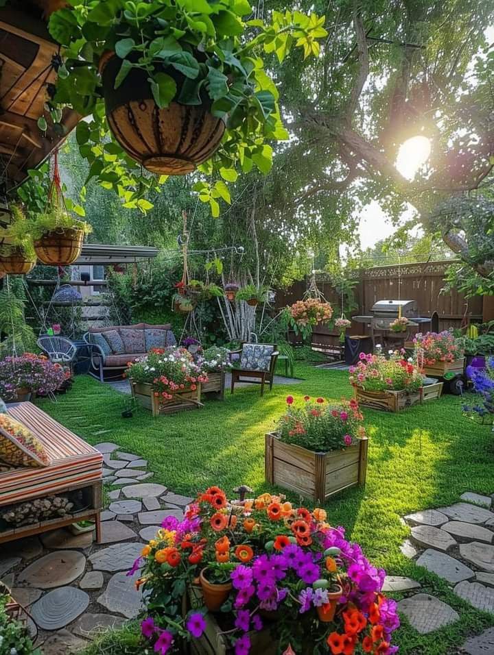 a garden filled with lots of flowers next to a lush green field and wooden benches