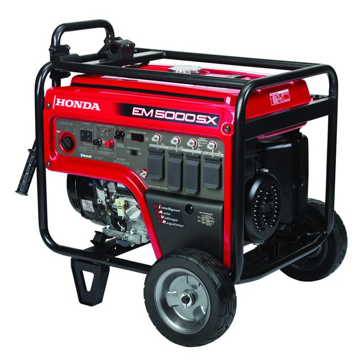 a red and black portable generator on wheels with the words honda em 8000sx written on it