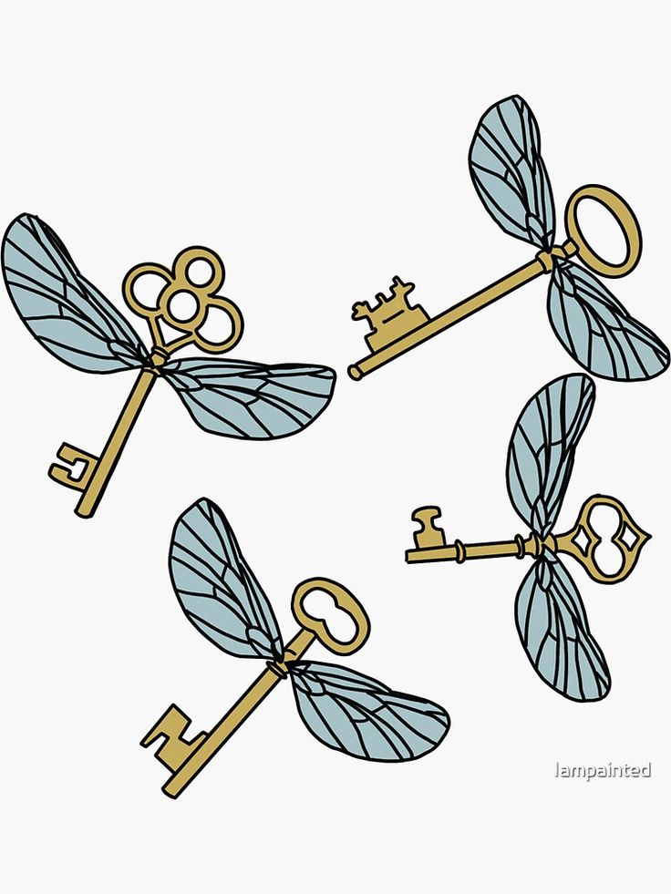 three dragonflys with keys attached to them, one is gold and the other is blue