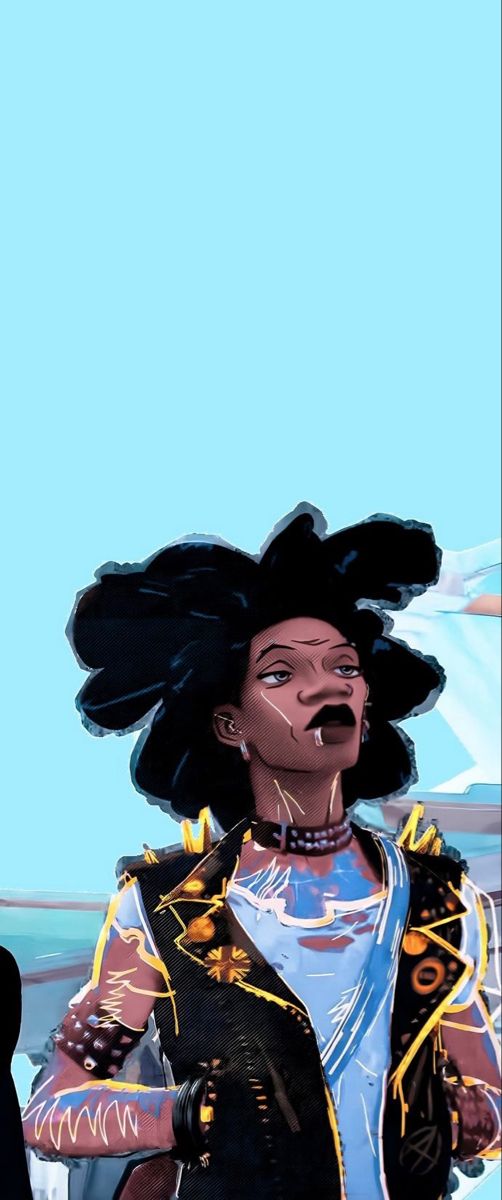 a woman with black hair and an afro is standing in front of a blue sky