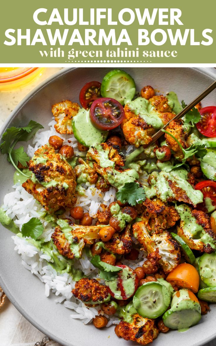 cauliflower shawarma bowls with green garnish and tomatoes on top