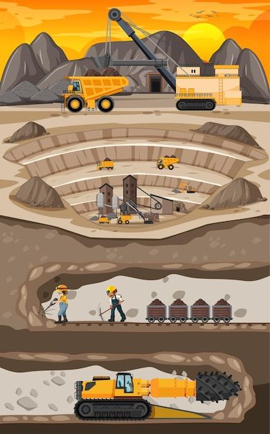 an image of construction site with workers and machinery in the process of digging dirt, sand, and gravel