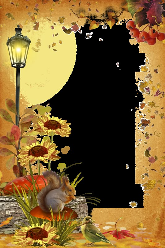 a squirrel sitting on top of a pile of leaves next to a lamp post with autumn leaves and sunflowers