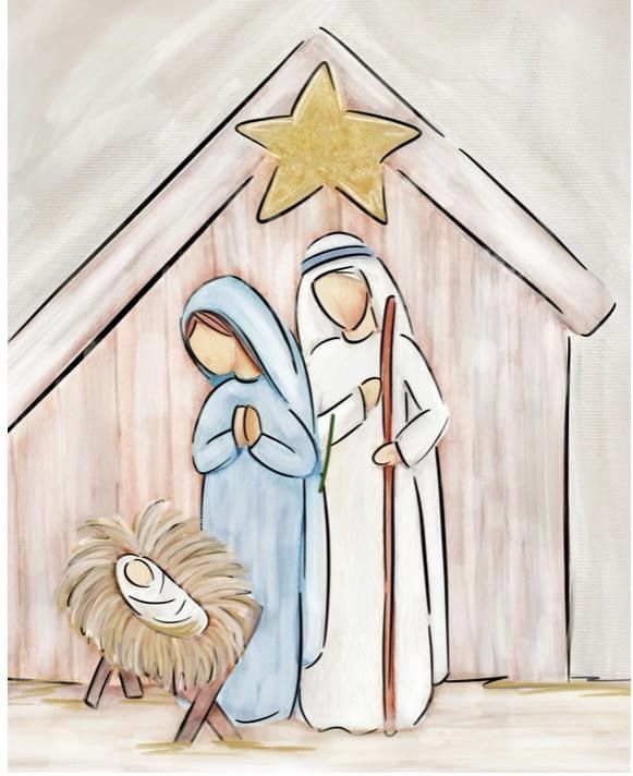 a painting of two people standing in front of a nativity scene with a star above them