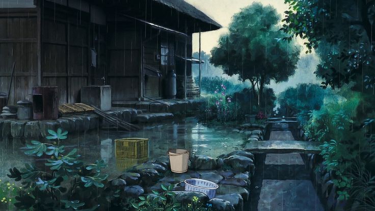 #rain #trees #bucket #anime #house #outdoors #1080P #wallpaper #hdwallpaper #desktop Sf Wallpaper, 1366x768 Wallpaper Hd, Studio Ghibli Background, Rain Wallpapers, Arte 8 Bits, Ghibli Artwork, Japan Aesthetic, Ghibli Art, My Neighbor Totoro