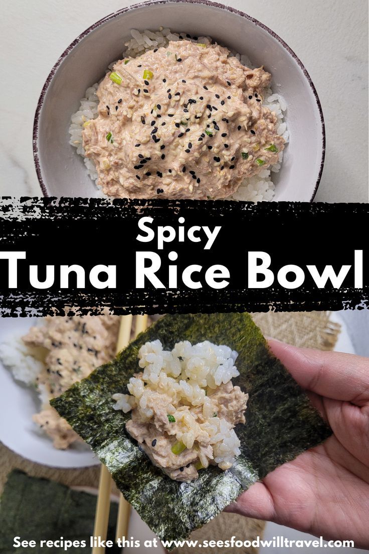 Mixed tuna mayo on top of rice recipe Spicy Tuna Wrap Recipe, Dorm Food Ideas, Seaweed Snacks Recipes, Tuna Rice Bowl, Hot Spicy Food, Tuna Lunch, Seaweed Wrap, Tuna Rice, Tuna Sushi