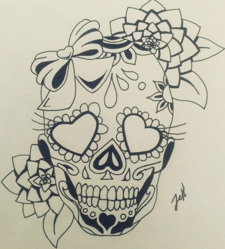 a drawing of a skull with flowers on it's head and hearts in the middle