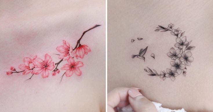 two pictures one with flowers and the other with a bird on it's chest