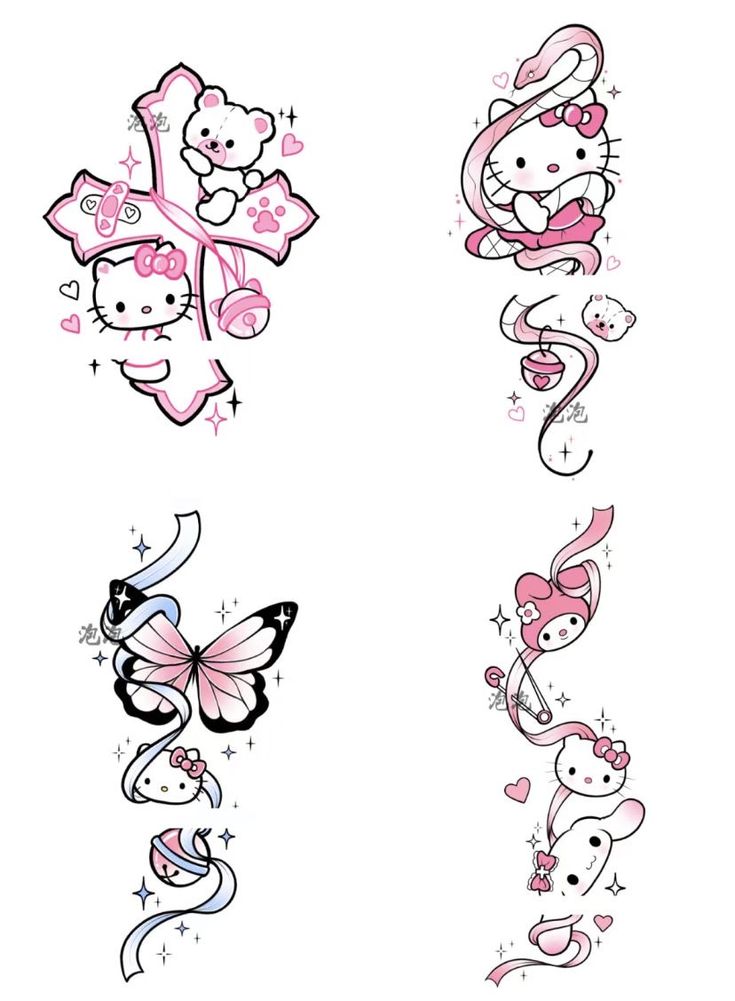 hello kitty wall stickers in pink and black with hearts, butterflies, and flowers