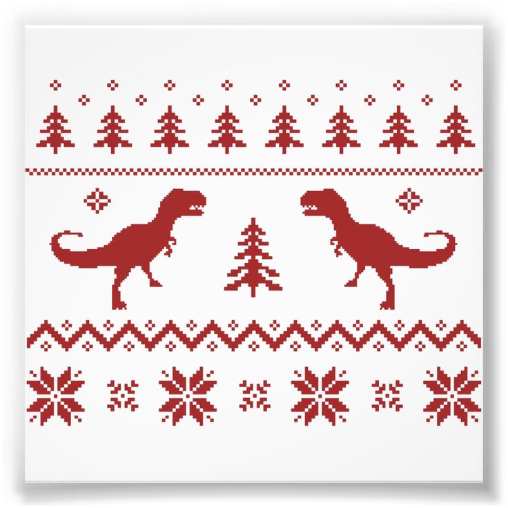 a red and white knitted christmas sweater with two dinosaurs in the middle, one dinosaur is