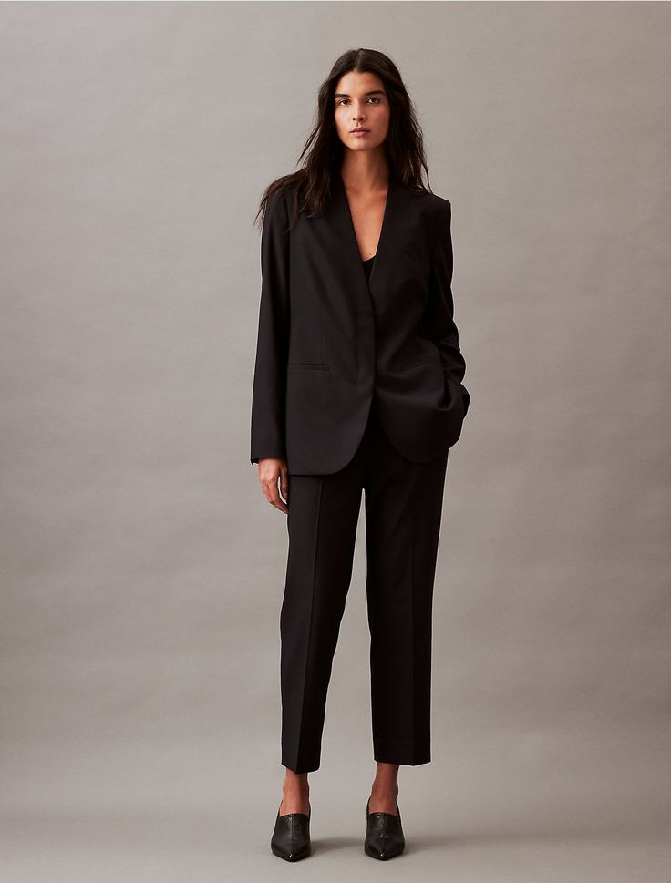 Tailored in a slim fit, these Calvin Klein suit pants are wrinkle-resistant and crafted with 4-way stretch for ease of movement. Detailed with an interior hook clasp and slip pockets in a clean, modern silhouette. Style with a blazer for a sharp outfit fitted for the office or special occasions.  Material: 66% Polyester, 31% Viscose, 3% Elastane. Formal Wear Women, Slim Trousers, Tapered Pants, Suit Pants, Hook Clasp, Clean Modern, Formal Wear, The Office, Dream Closet