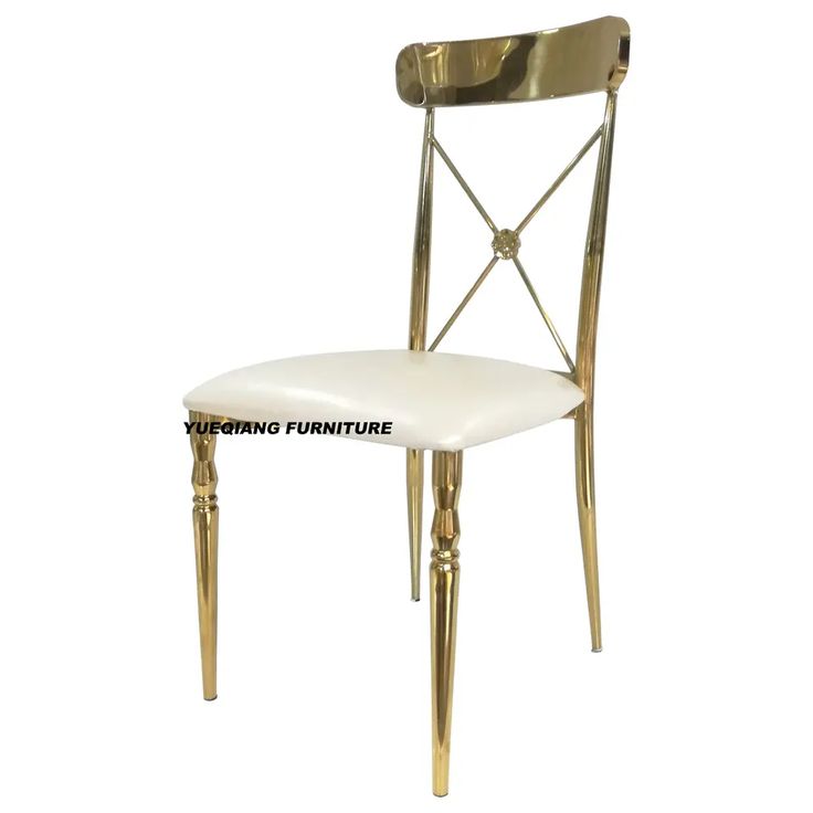 a white and gold chair with a metal frame on the back side, against a white background