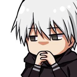 an anime character with white hair and black clothes is looking at the camera while holding his hands to his chin