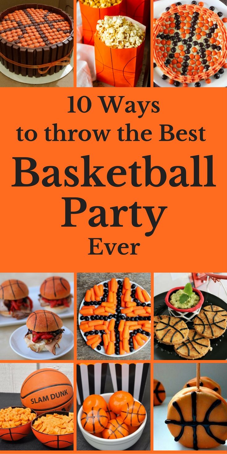 an orange and black basketball themed party with lots of desserts on the table, including cakes