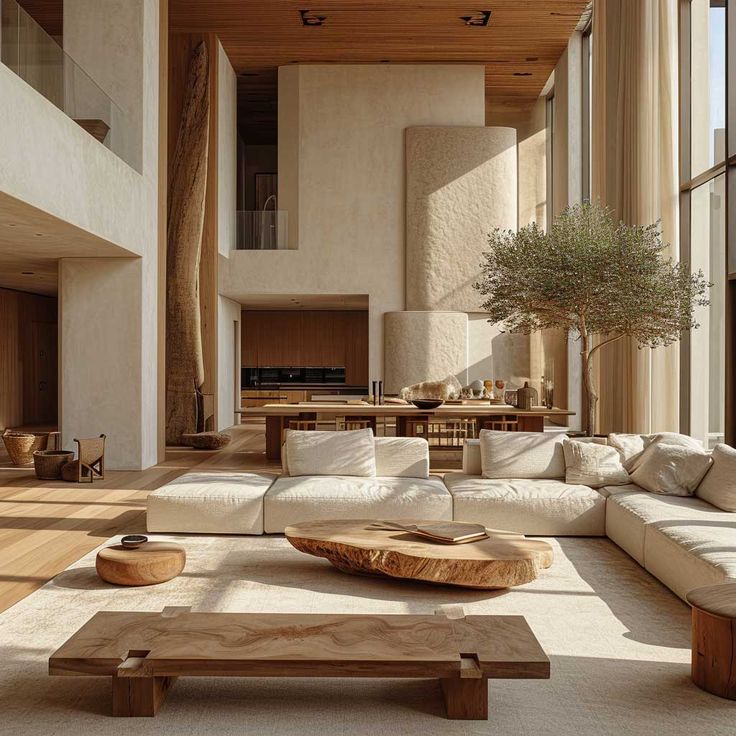 a living room filled with white couches and wooden tables next to tall glass windows