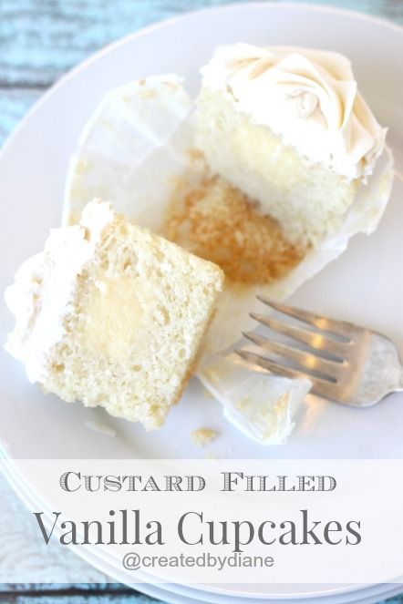 two pieces of vanilla cupcake on a plate with a fork