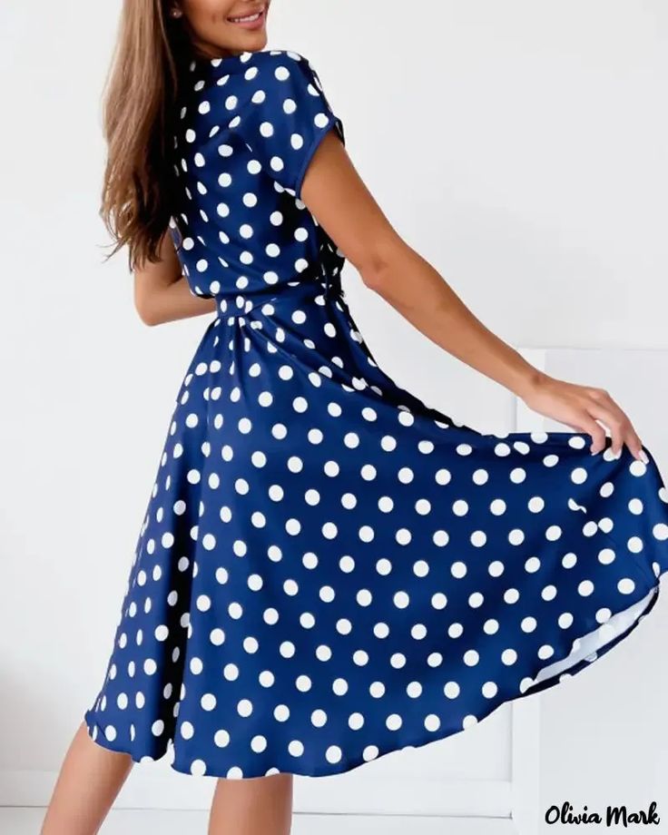 Olivia Mark - Polka Dot Button Front Dress Non-stretch Polka Dot Dress For Spring, Elegant Polka Dot Dresses With Buttons, Spring Polka Dot Dress With Button Closure, Polka Dot Dress With Button Closure For Spring, Casual Fitted Polka Dot Midi Dress, Polka Dot Knee-length Dress With Buttons, Polka Dot Button-up Spring Dresses, Polka Dot Button-up Dress, Polka Dot Button-up Dress With Buttons