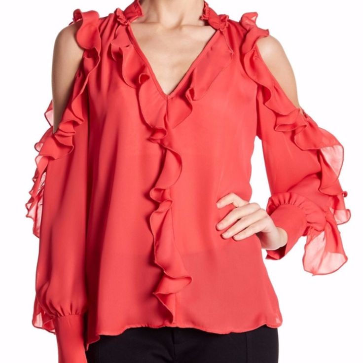 Ruffled Trim Adds A Feminine Touch To An On-Trend Cold Shoulder V-Neck Top. Fit: This Style Fits True To Size. V-Neck. Long Cold Shoulder Sleeves. Ruffled Trim. 100% Polyester. Color: Coral Brand New Without Tags Spring V-neck Flirty Blouse, Pink V-neck Blouse For Date Night, Spring Pink Blouse For Date Night, Pink Blouse For Date Night In Spring, Open Shoulder Blouse, Tie Sleeve Blouse, Lacy Tops, Cold Shoulder Lace, Bohemian Blouses