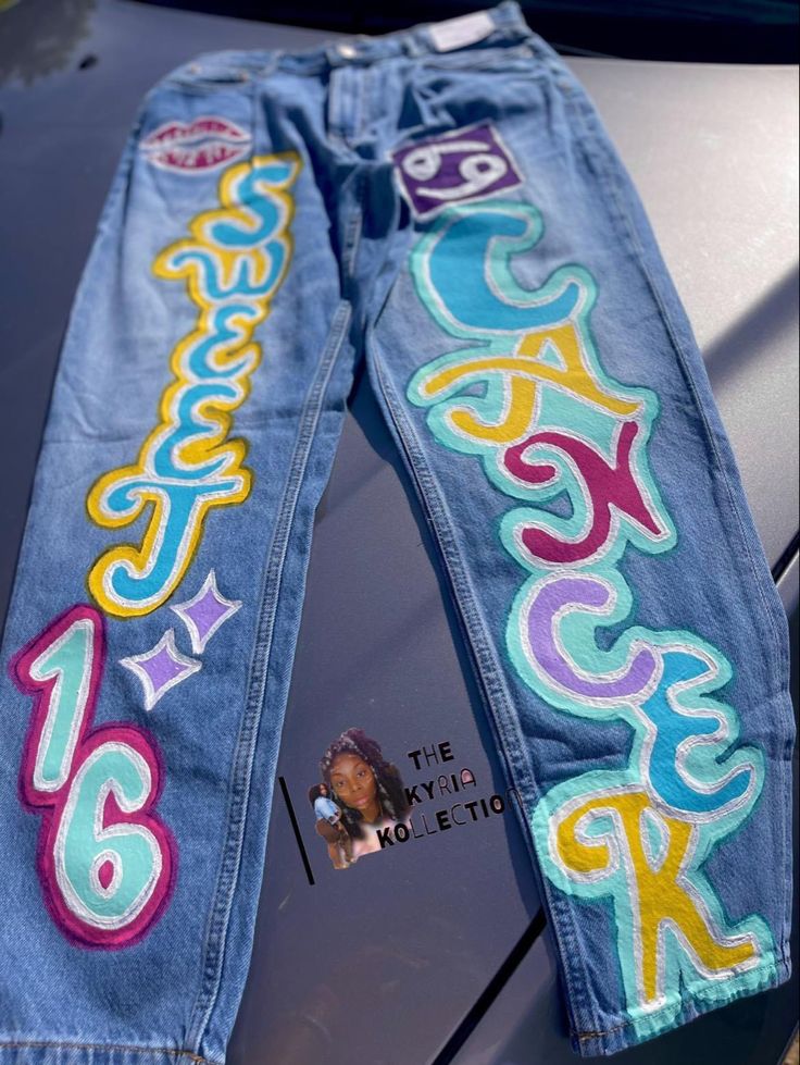 Sweet 16 Birthday Jeans, Zodiac Pants Photoshoot, Customized Birthday Jeans, Zodiac Sign Pants Photoshoot, Custom Jean Birthday Outfits, Sweet 16 Poses Photography Picture Ideas, Birthday Pants Ideas, Sweet 16 Custom Outfits, Painted Birthday Pants