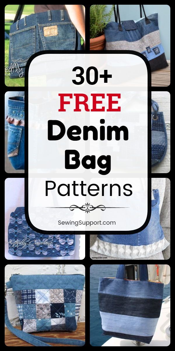 denim bags with the words 30 free denim bag patterns on them and pictures of how to sew them