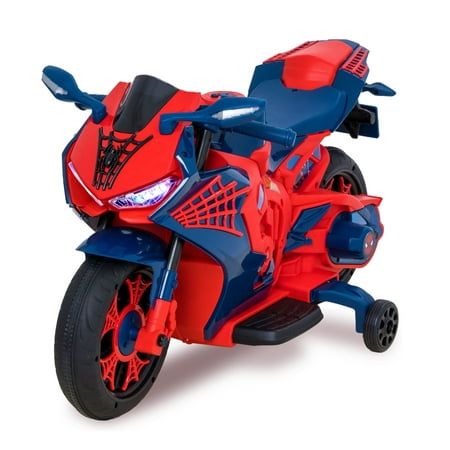 a red and blue toy motorcycle on a white background