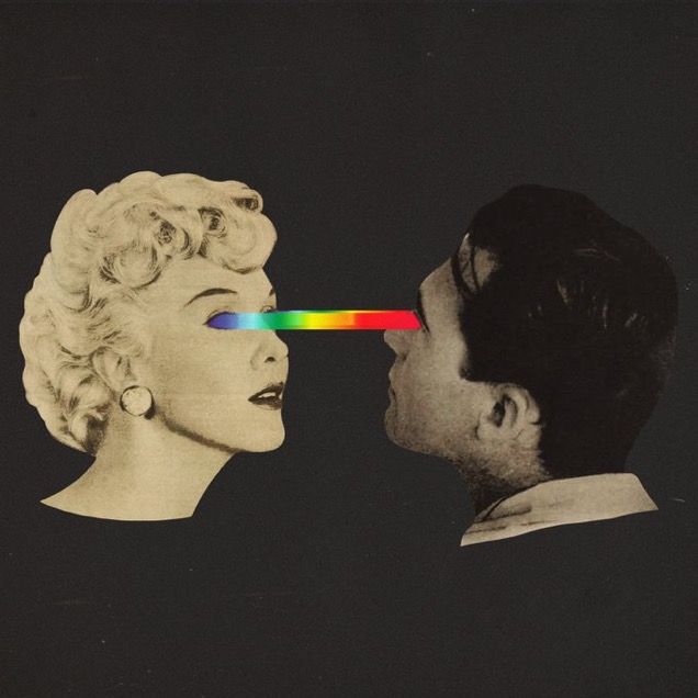 a man looking at a woman's face with colored lines coming out of her mouth