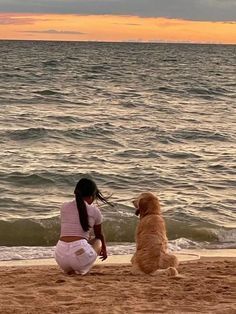 a woman kneeling down next to a dog on top of a sandy beach near the ocean