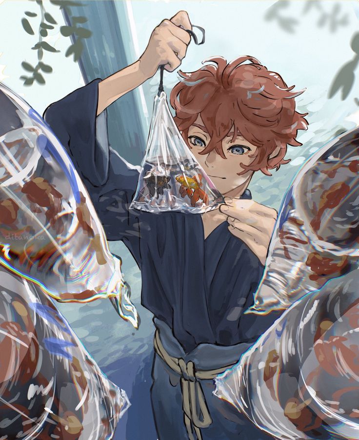 an anime character with red hair and blue eyes holding a plastic bag in front of his face