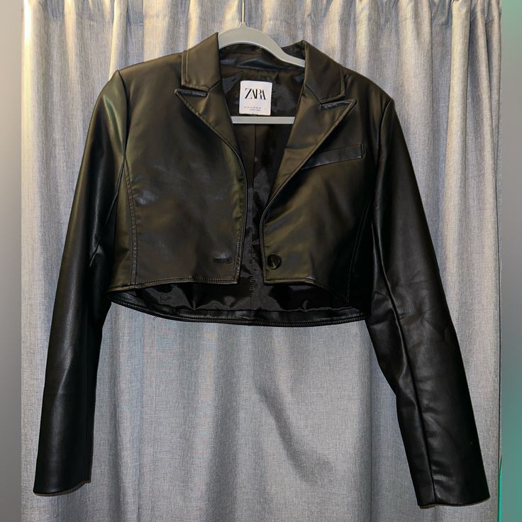 Black Cropped Leather Jacket From Zara Only Used Once Size Xs No Scratches/Looks Brand New Zara Fitted Cropped Jacket For Fall, Black Cropped Outerwear For Party, Edgy Black Cropped Jacket For Party, Zara Cropped Blazer For Fall, Black Cropped Leather Jacket, Black Cropped Leather Jacket For Fall, Zara Fitted Leather Jacket For Work, Zara Fitted Leather Jacket For Spring, Cropped Black Biker Jacket For Night Out