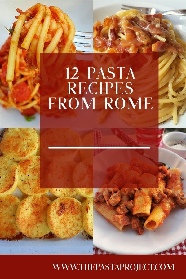 some pasta and other food on a plate with the words, 12 pasta recipes from rome