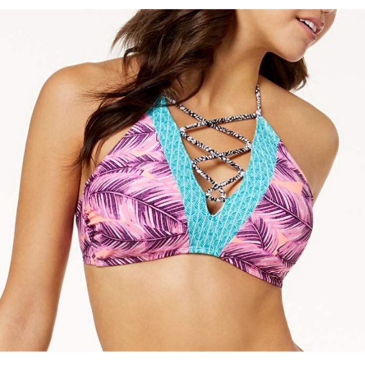 New With Tags Hula Honey Leaf Breeze Lace Up High Neck Bikini Swim Top In Pink Multi Contrasting Prints And A Lace-Up Detail Take This Halter Bikini From Hula Honey To The Next Level. A High Neckline Completes The Chic Look. Removable Soft Cups; Wire At Sides For Support Pull-On Styling; Halter Straps Tie At Back Neck; Hook-And-Loop Closure At Back High Neckline With Lace-Up Detail Between Bust Nylon/Spandex; Lining: Polyester Size Xl Pink Strappy Swimwear For Vacation, Pink Triangle Halter Top For Beach Season, Pink Halter Neck Swimwear For Vacation, Pink Strappy Swimwear, Pink Strappy Swimwear For Swimming, Pink Halter Neck Tankini For Pool, Pink Triangle Top Tankini For Vacation, Pink Tropical Halter Top For Beach, Pink Triangle Halter Top For Beach Party