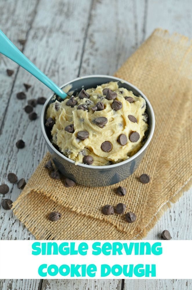 a cookie dough in a metal bowl with chocolate chips on the side and text overlay that reads, single serving cookie dough