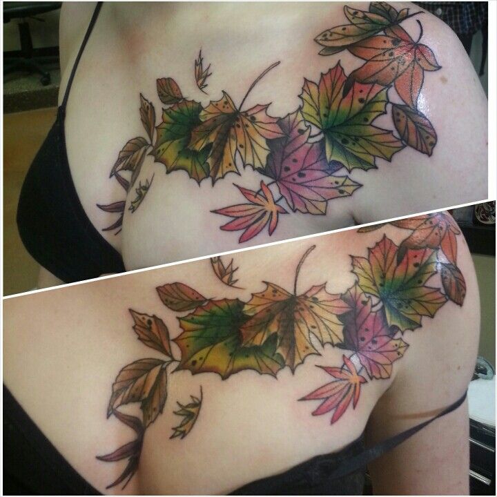 two pictures of the same woman's chest with leaves on it