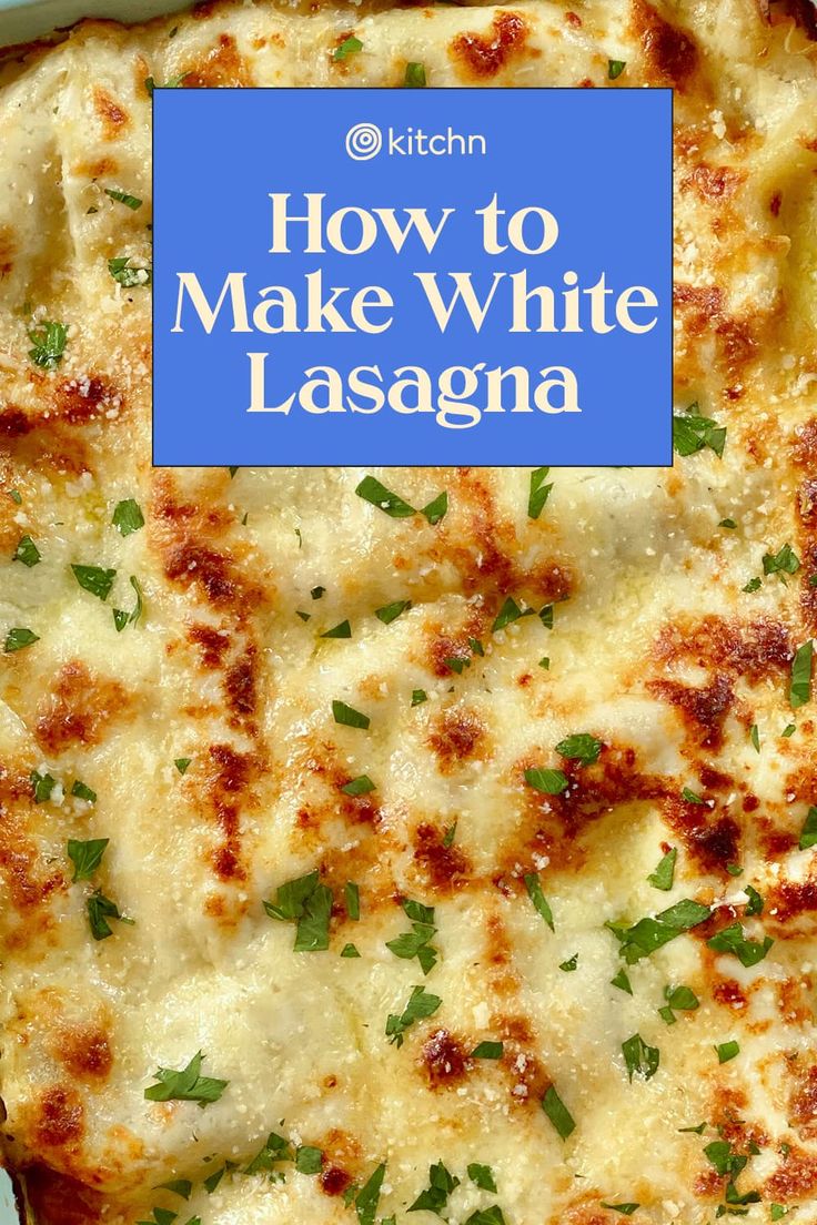 a casserole dish with white lasagna cheese and parsley on top