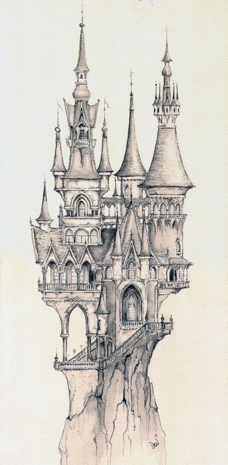 a drawing of a castle on top of a cliff