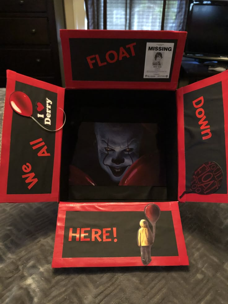 a box that has some kind of creepy clown in it with the words float and we're here