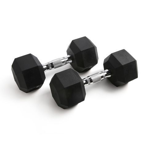 three black hex dumbbells on white background