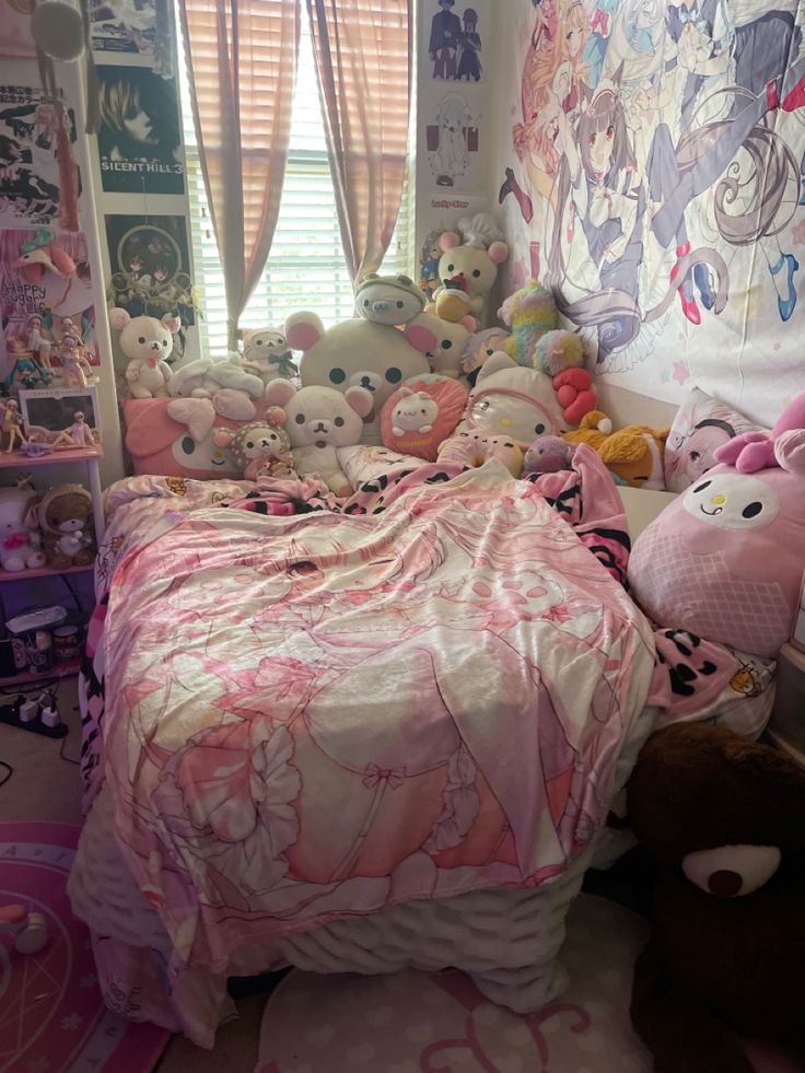 a room filled with lots of stuffed animals on top of it's covers and pillows