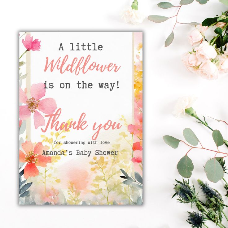 a little wildflower is on the way thank you card with pink flowers and greenery