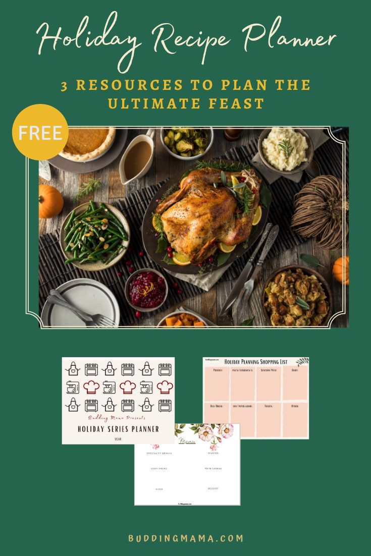 the holiday recipe planner is shown with an image of a turkey and other food items