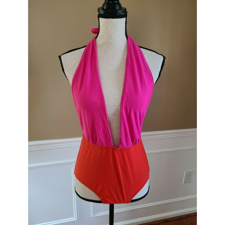 Brand New With Tags One Piece Plunge Front Swimsuit By Southbeach Size 12 (Euro 40) Bright Pink/Orange Sleeveless Color Block Bodysuit For Beach Season, One-piece Halter Top For Pool And Beach Season, One-piece Halter Top For Beach Season, Summer Color Block Bodysuit For Poolside, Pink One-piece Swimwear For Summer, Pink One-piece Swimwear For Party, Pink V-neck Swimwear For Beach, Pink V-neck Swimwear For Vacation, Beach Season Vacation Halter Neck Bodysuit