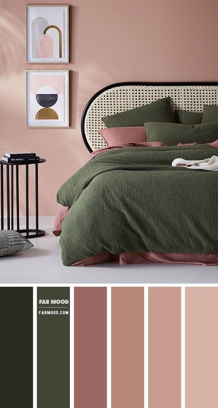 a bedroom with pink walls and green bedspread in the center, along with various color swatches