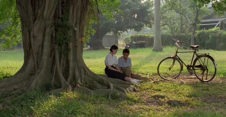 two people sitting next to each other under a tree in the grass near a bicycle