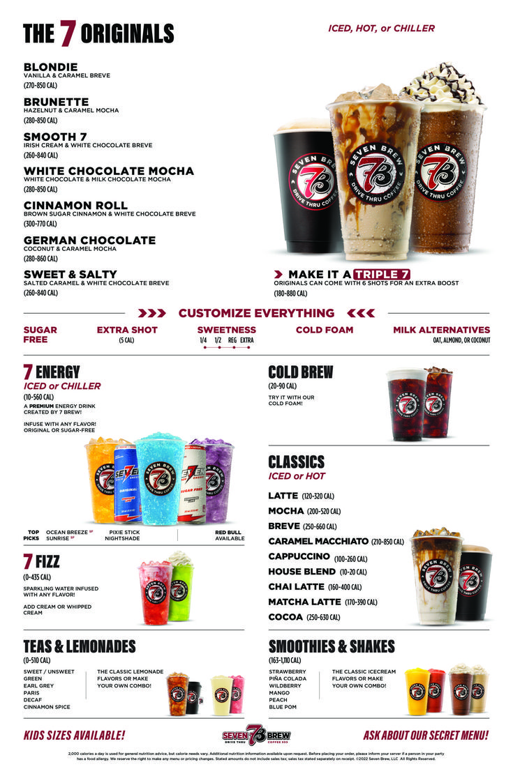 a menu with different types of drinks and their names on it, including the 7 originals